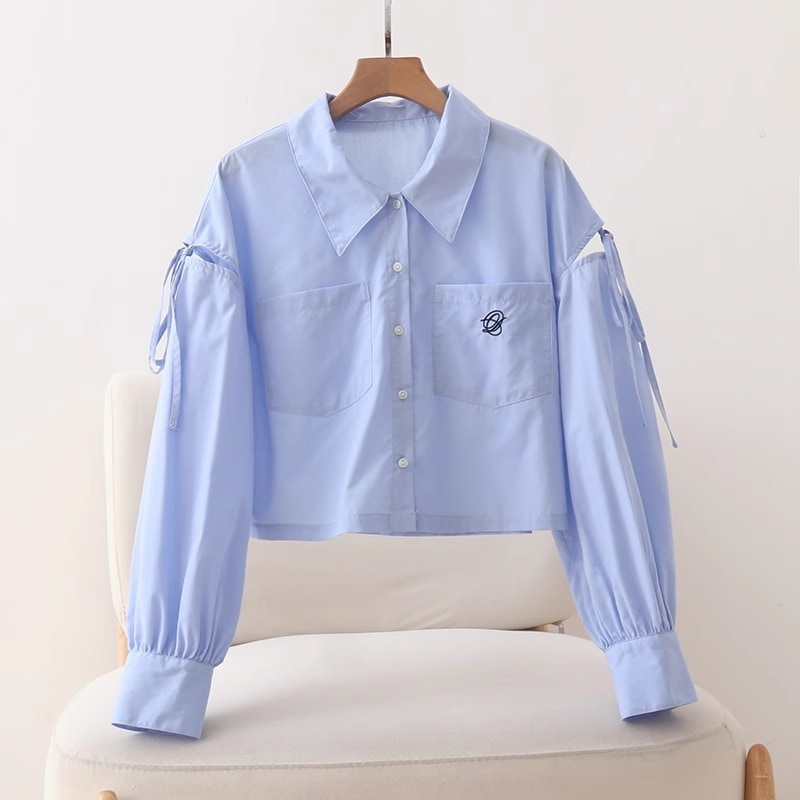 トップス シャツ 襟付き 前開き ボタン 胸ポケット カットアウトデザイン 袖リボン ショート丈 かわいい 大人可愛い きれいめ シンプル 上品 おしゃれ かっこいい カジュアル こなれ感 個性的 トップス シャツ 襟付き 前開き ボタン 胸ポケット カットアウトデザイン 袖リボン ショート丈 かわいい 大人可愛い きれいめ シンプル 上品 おしゃれ かっこいい カジュアル こなれ感 個性的