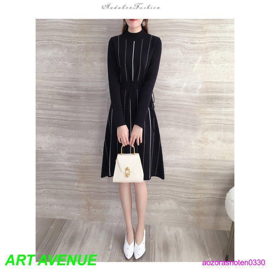 ワンピース レディース 40代 秋 冬 きれいめ ニットワンピース ハイネック Aライン 膝丈 長袖 着やせ リボン付き 通勤 オシャレ デート