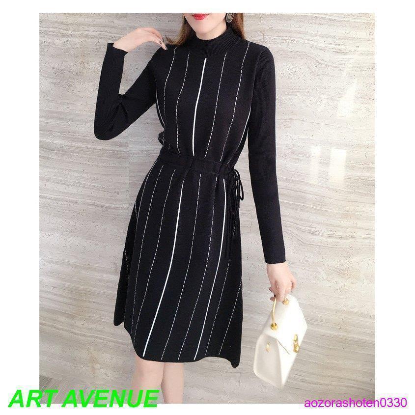 ワンピース レディース 40代 秋 冬 きれいめ ニットワンピース ハイネック Aライン 膝丈 長袖 着やせ リボン付き 通勤 オシャレ デート