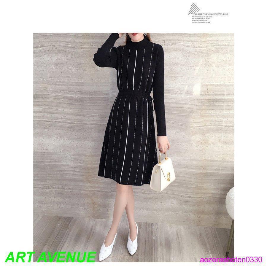 ワンピース レディース 40代 秋 冬 きれいめ ニットワンピース ハイネック Aライン 膝丈 長袖 着やせ リボン付き 通勤 オシャレ デート