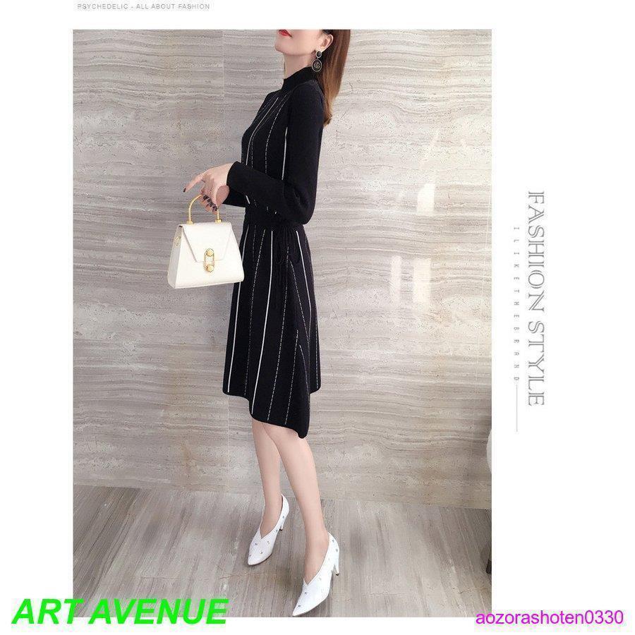 ワンピース レディース 40代 秋 冬 きれいめ ニットワンピース ハイネック Aライン 膝丈 長袖 着やせ リボン付き 通勤 オシャレ デート