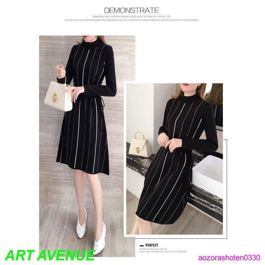 ワンピース レディース 40代 秋 冬 きれいめ ニットワンピース ハイネック Aライン 膝丈 長袖 着やせ リボン付き 通勤 オシャレ デート