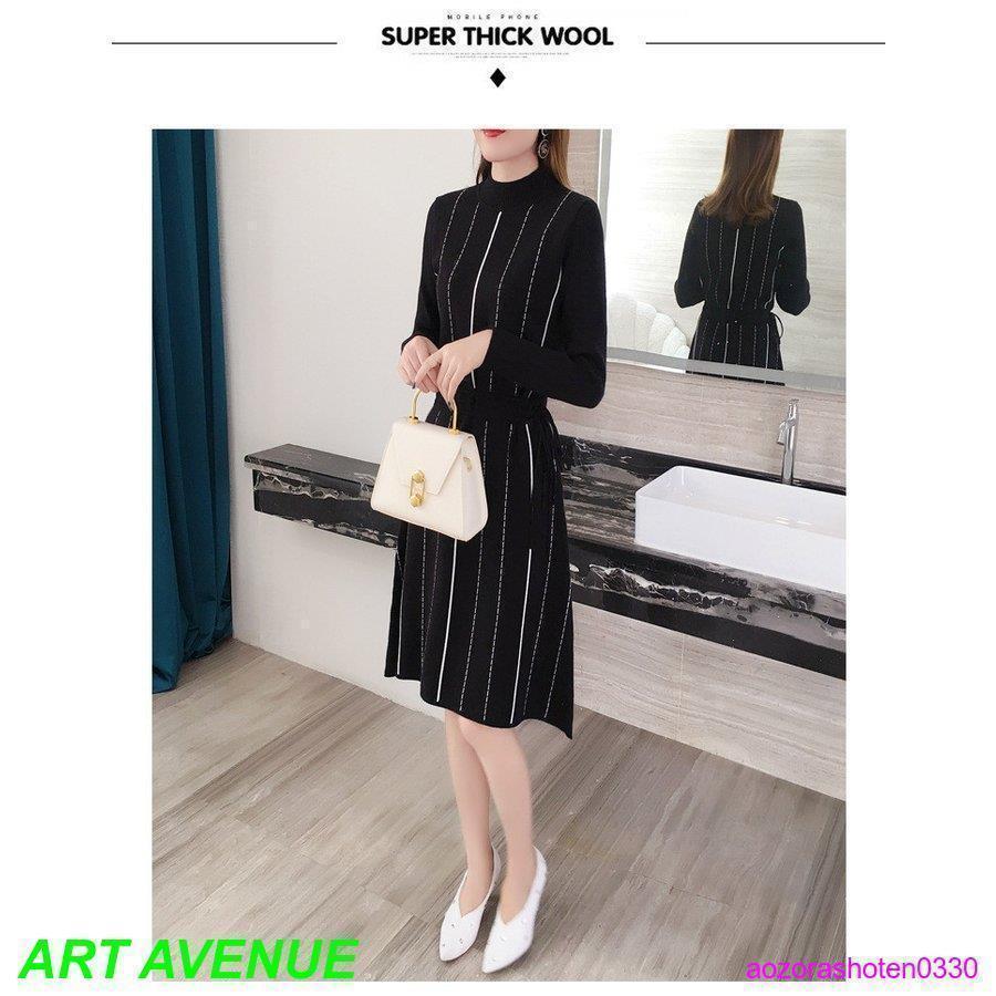 ワンピース レディース 40代 秋 冬 きれいめ ニットワンピース ハイネック Aライン 膝丈 長袖 着やせ リボン付き 通勤 オシャレ デート