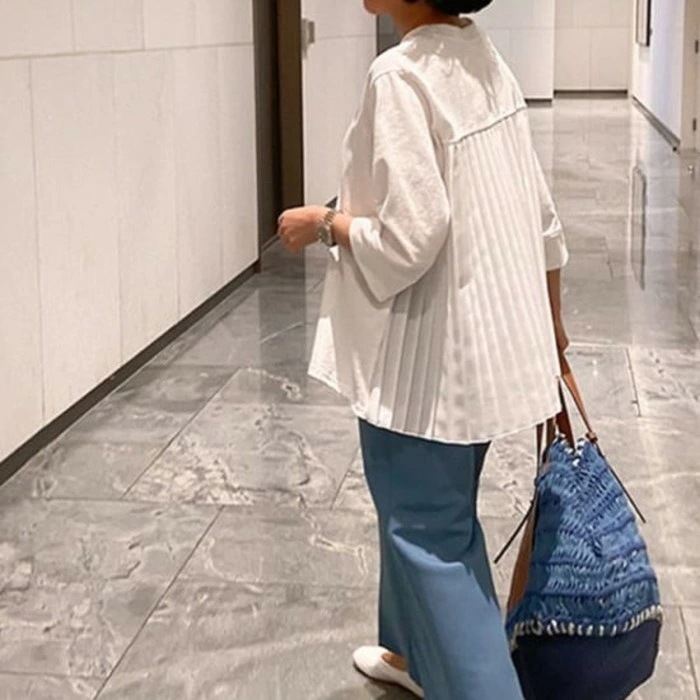 2021年 春夏 新作 2color プリーツ バック Aライン トップス 長袖 2021年 春夏 新作 2color プリーツ バック Aライン トップス 長袖