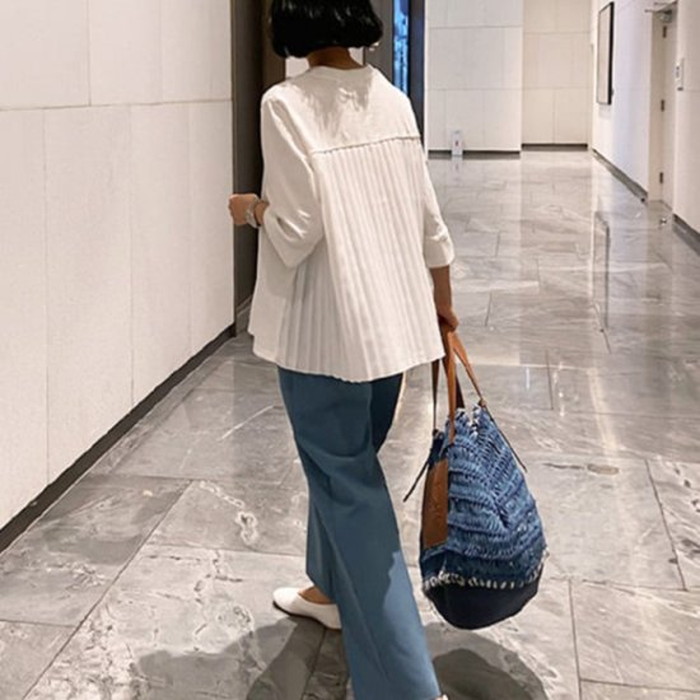 2021年 春夏 新作 2color プリーツ バック Aライン トップス 長袖 2021年 春夏 新作 2color プリーツ バック Aライン トップス 長袖