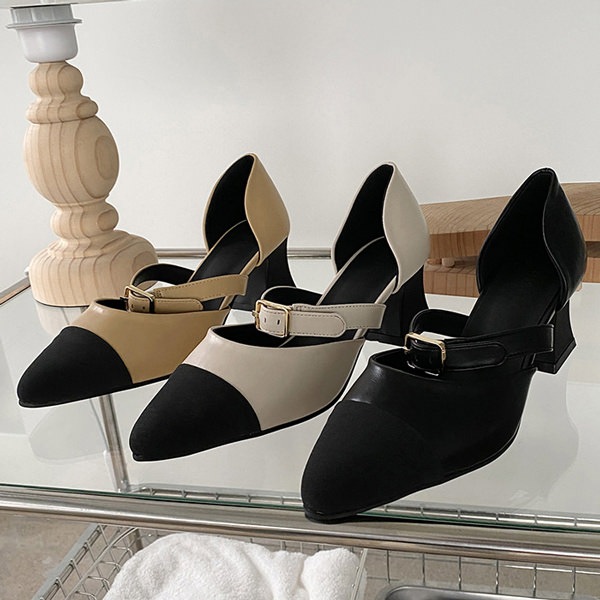 パンプス セパレート キャップトゥ ストラップ ポインテッドトゥ 黒 ベージュ アイボリー