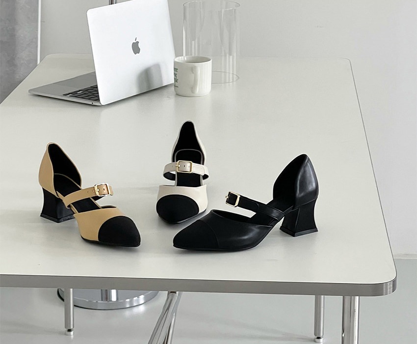 パンプス セパレート キャップトゥ ストラップ ポインテッドトゥ 黒 ベージュ アイボリー