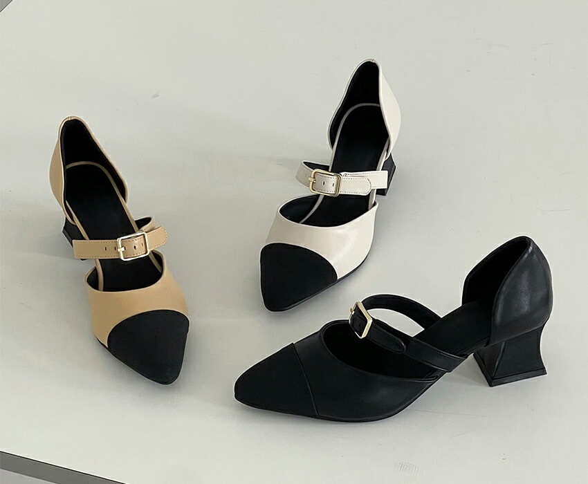 パンプス セパレート キャップトゥ ストラップ ポインテッドトゥ 黒 ベージュ アイボリー