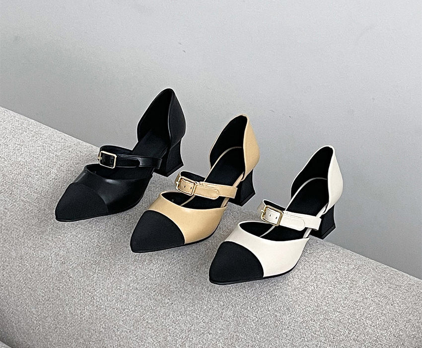 パンプス セパレート キャップトゥ ストラップ ポインテッドトゥ 黒 ベージュ アイボリー