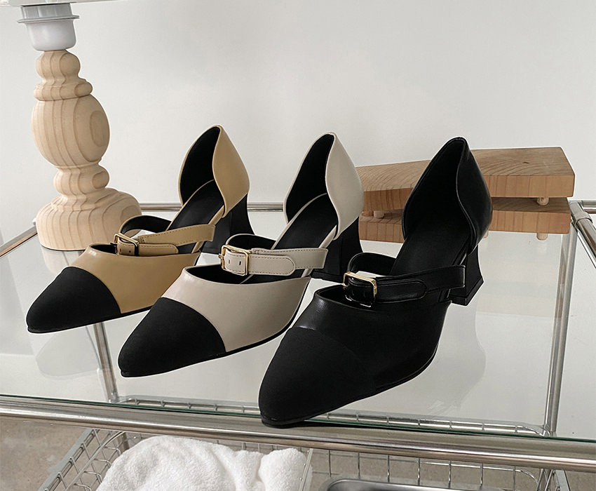 パンプス セパレート キャップトゥ ストラップ ポインテッドトゥ 黒 ベージュ アイボリー