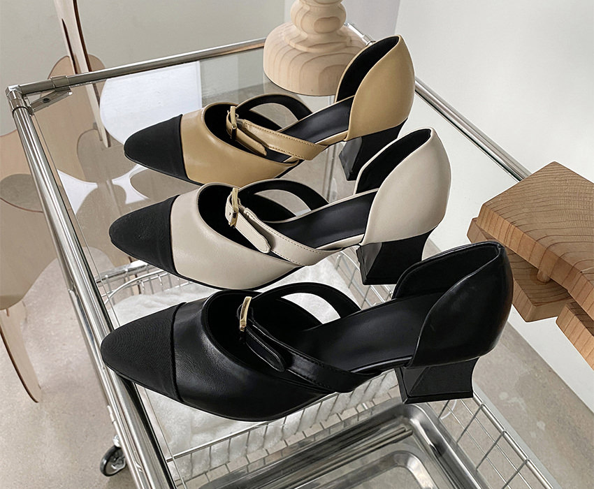 パンプス セパレート キャップトゥ ストラップ ポインテッドトゥ 黒 ベージュ アイボリー