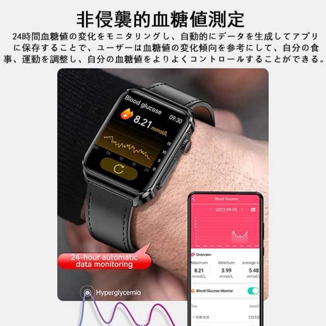 【最安値挑戦！】スマートウォッチ センサー 通話機能 心電図ECG+PPG 血糖値 体温測定 血圧測定 血中酸素 心拍数 音楽再生 ゲーム付き ギフト