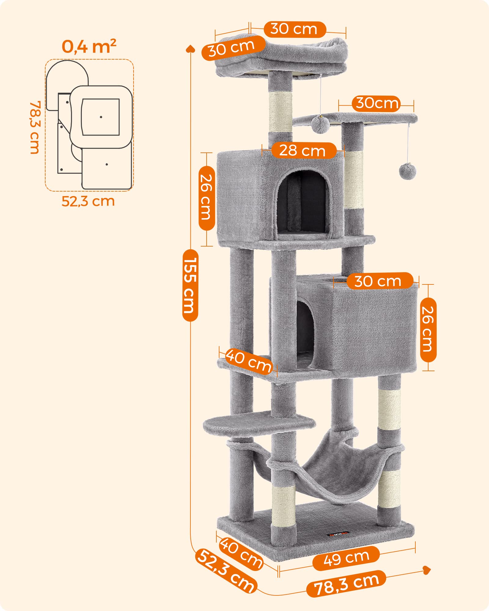 FEANDREA キャットタワー 猫タワー スリム 大型猫 多頭飼い 据え置き 省スペース ハンモック付き 爪とぎ 運動不足解消 高さ155CM PCT192W01