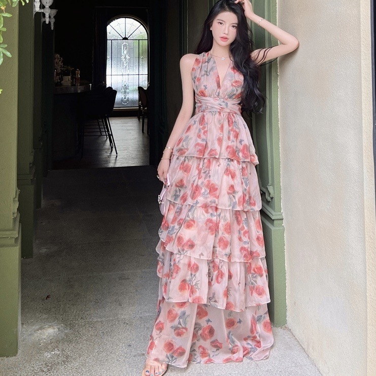 ワンピース ロングスカート ロング ロング丈 マキシ マキシ丈 袖なし ノースリーブ Vネック ホルターネック Aライン フリル ウエストマーク 透け感 かわいい 大人可愛い 大人 上品 おしゃれ