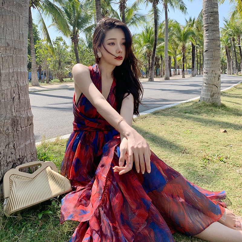 ワンピース ロングスカート ロング ロング丈 マキシ マキシ丈 袖なし ノースリーブ Vネック ホルターネック Aライン フリル ウエストマーク 透け感 かわいい 大人可愛い 大人 上品 おしゃれ