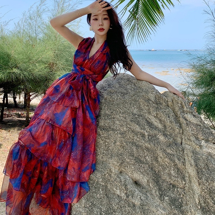 ワンピース ロングスカート ロング ロング丈 マキシ マキシ丈 袖なし ノースリーブ Vネック ホルターネック Aライン フリル ウエストマーク 透け感 かわいい 大人可愛い 大人 上品 おしゃれ