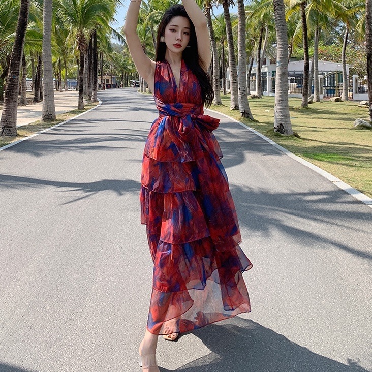 ワンピース ロングスカート ロング ロング丈 マキシ マキシ丈 袖なし ノースリーブ Vネック ホルターネック Aライン フリル ウエストマーク 透け感 かわいい 大人可愛い 大人 上品 おしゃれ