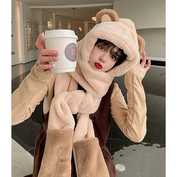 Qoo10] 帽子付マフラー手袋セット レディース も