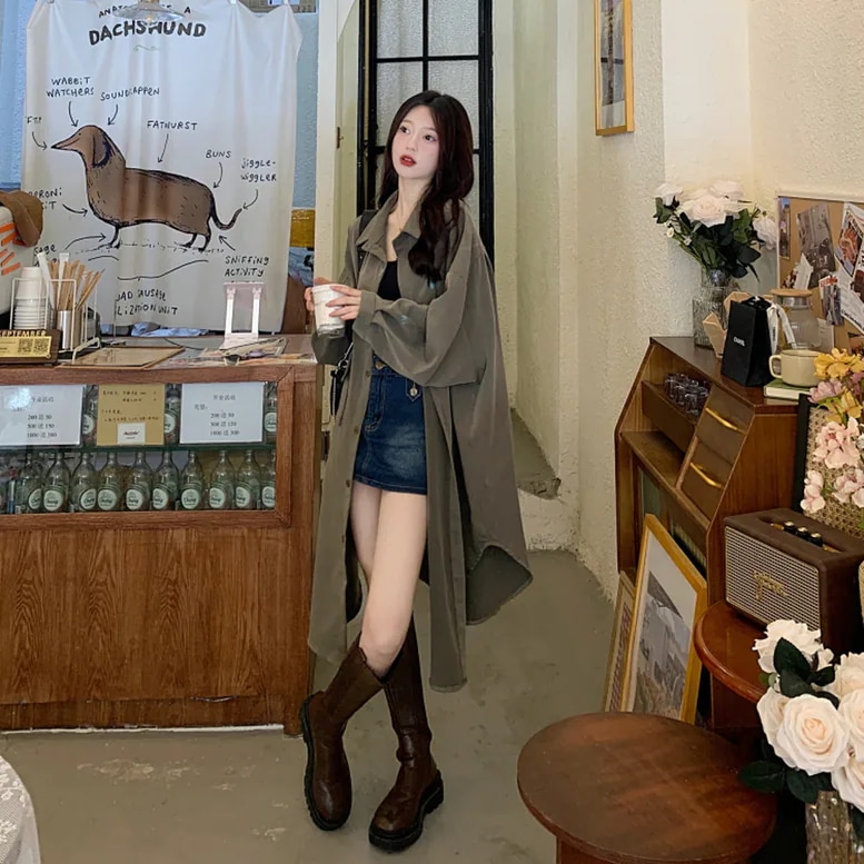 2color レディース ロングシャツコート アウター シャツジャケット 襟付き トレンチ 2color レディース ロングシャツコート アウター シャツジャケット 襟付き トレンチ