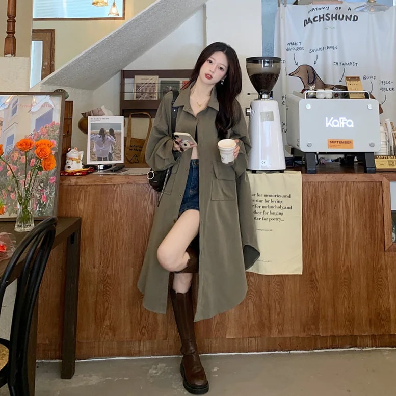 2color レディース ロングシャツコート アウター シャツジャケット 襟付き トレンチ 2color レディース ロングシャツコート アウター シャツジャケット 襟付き トレンチ