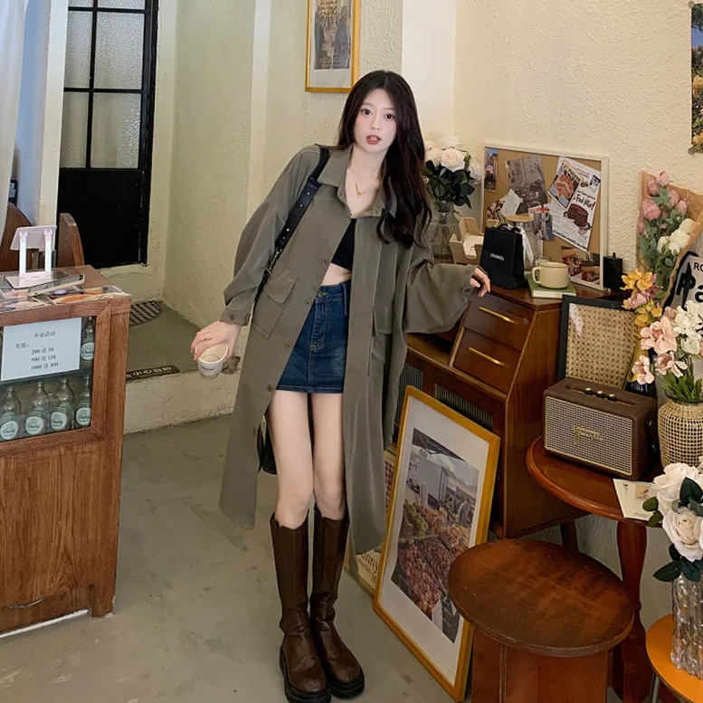 2color レディース ロングシャツコート アウター シャツジャケット 襟付き トレンチ 2color レディース ロングシャツコート アウター シャツジャケット 襟付き トレンチ