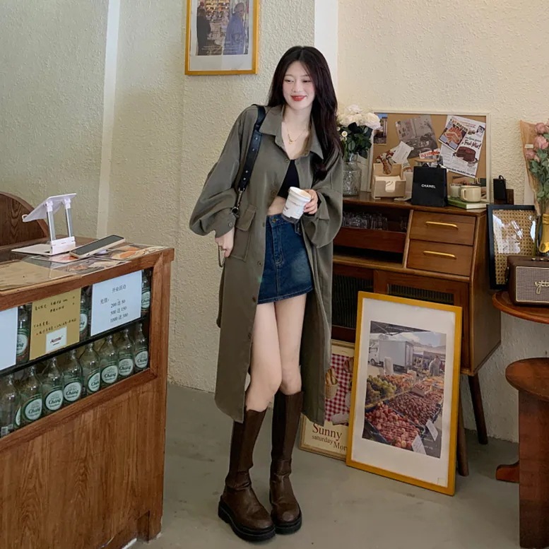 2color レディース ロングシャツコート アウター シャツジャケット 襟付き トレンチ 2color レディース ロングシャツコート アウター シャツジャケット 襟付き トレンチ