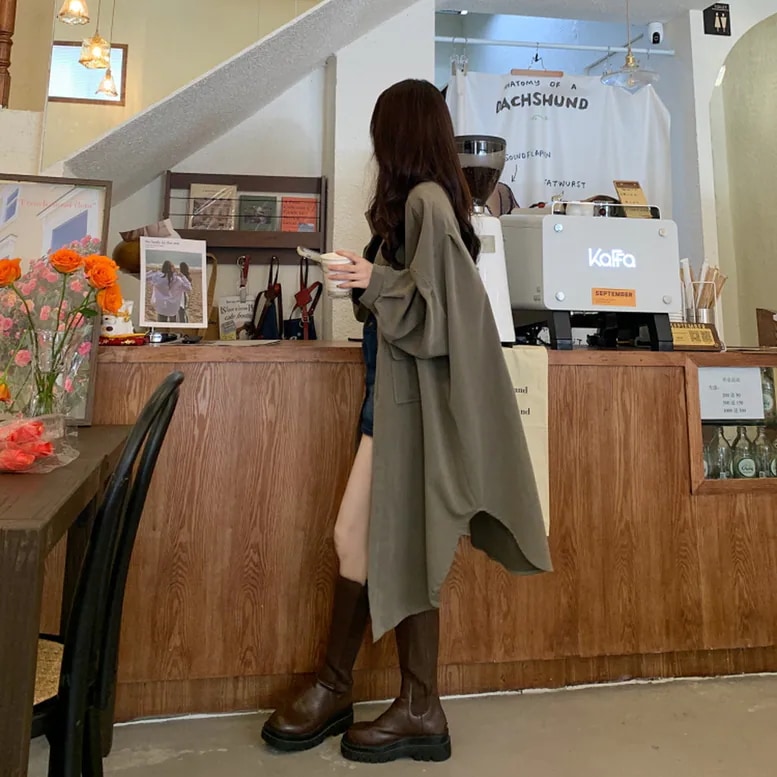 2color レディース ロングシャツコート アウター シャツジャケット 襟付き トレンチ 2color レディース ロングシャツコート アウター シャツジャケット 襟付き トレンチ