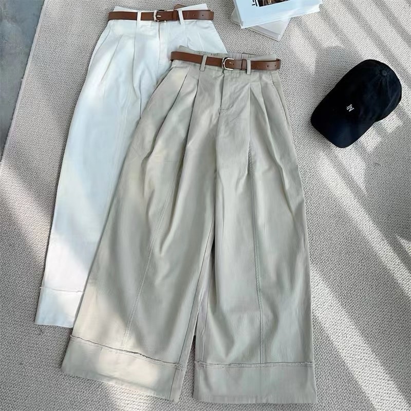 春の韓国風ハイウエストファッション無地レトロカールカジュアルワイドレッグパンツ女性用