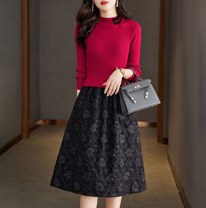 ニットワンピース ミモレ丈 膝丈 ワンピース 長袖 大きいサイズ 大人かわいい 美人 秋 冬 レディース 30代 40代 ブラック レッド ブラウン ドッキングワンピース ニット 柄 花柄 きれいめ ニットワンピース ミモレ丈 膝丈 ワンピース 長袖 大きいサイズ 大人かわいい 美人 秋 冬 レディース 30代 40代 ブラック レッド ブラウン ドッキングワンピース ニット 柄 花柄 きれいめ