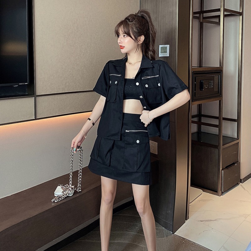 【セットアップ】半袖ジャケット＋ショートスカート ツーピース スーツ ジャケット ハイウエスト ２カラー a3220