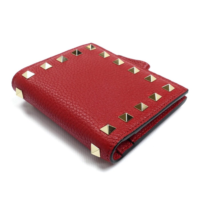 Valentino Garavani ヴァレンティノ・ガラヴァーニ ロックスタッズ コンパクトウォレット 二つ折り財布 レッド 3W2P0W06 レディース 中古 美品
