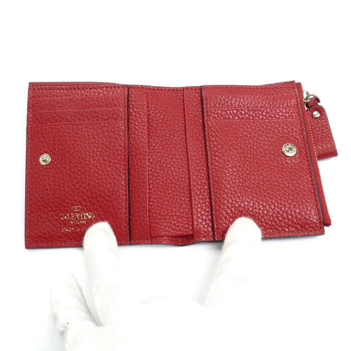 Valentino Garavani ヴァレンティノ・ガラヴァーニ ロックスタッズ コンパクトウォレット 二つ折り財布 レッド 3W2P0W06 レディース 中古 美品