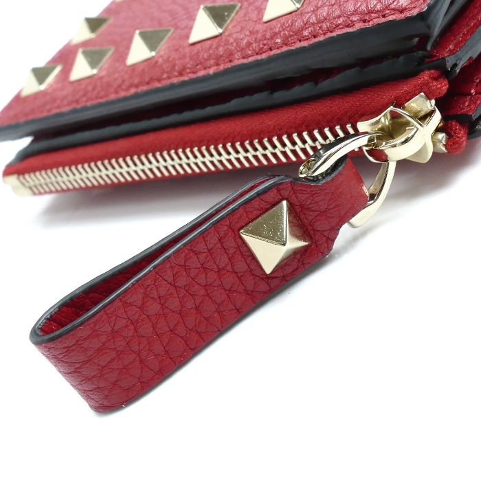 Valentino Garavani ヴァレンティノ・ガラヴァーニ ロックスタッズ コンパクトウォレット 二つ折り財布 レッド 3W2P0W06 レディース 中古 美品
