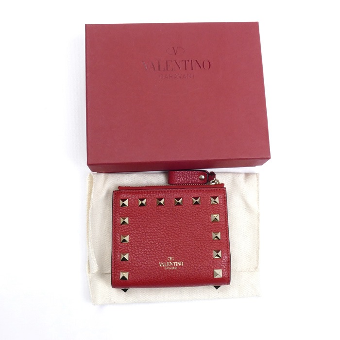 Valentino Garavani ヴァレンティノ・ガラヴァーニ ロックスタッズ コンパクトウォレット 二つ折り財布 レッド 3W2P0W06 レディース 中古 美品