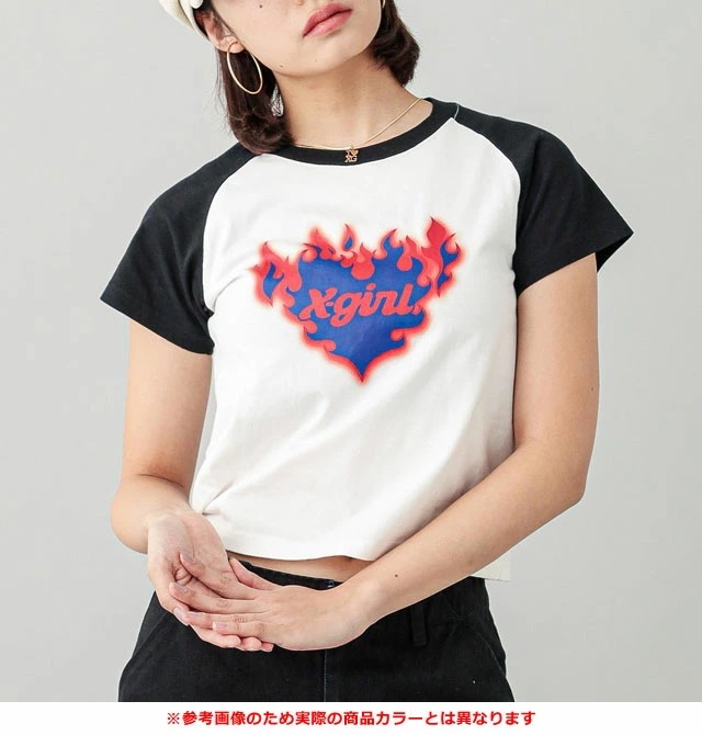 メール便 バーニングハート ラグランショートスリーブ ベイビーTシャツ [105243011008] S/S BABY TEE レディース トップス 半袖 ショート丈 BLACK