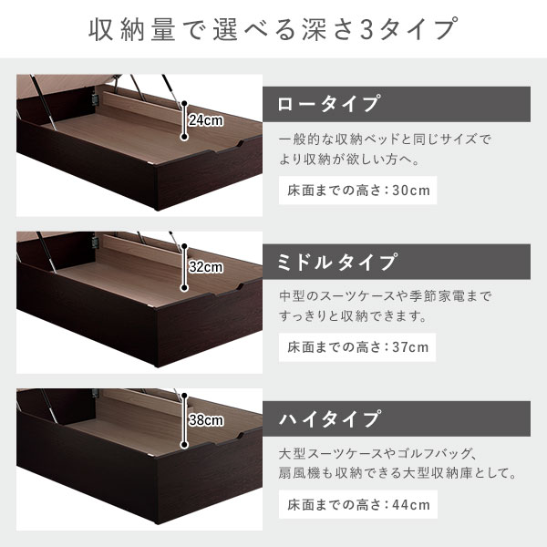[組立設置サービス付き] 日本製 収納ベッド 通常丈 シングル 日本製薄型ポケットコイルマットレス付き 横開き ロータイプ 深さ30cm ホワイト 跳ね上げ式 照明付き （北海道/沖縄/離島配送不可）