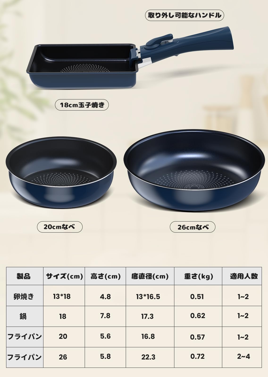 FERLORD フライパン セット 鍋 フライパンセット 9点 IH ガス対応 取っ手のとれる 卵焼き ダイヤモンドコート こげつかない 着脱式ハンドル 使いやすい お手入れ簡単 一人暮らし