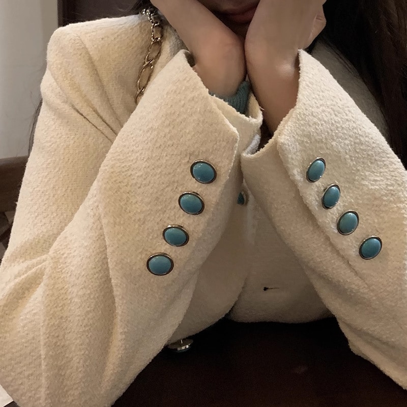 白ターコイズボタン白ツイードコートガーリートップス