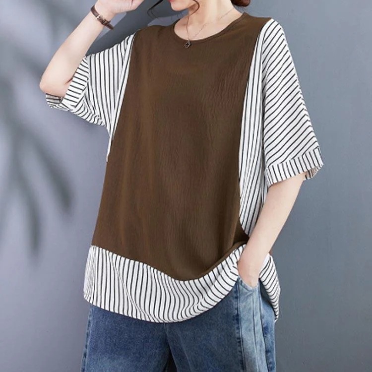 【超お得1つ買うと10個もらえる】ストライプ チュニック かわいい Tシャツ ドッキング風 クルーネック レディース トップス 夏 切り替え 半袖 ゆったりカットソー 配色 大きいサイ 【超お得1つ買うと10個もらえる】ストライプ チュニック かわいい Tシャツ ドッキング風 クルーネック レディース トップス 夏 切り替え 半袖 ゆったりカットソー 配色 大きいサイ