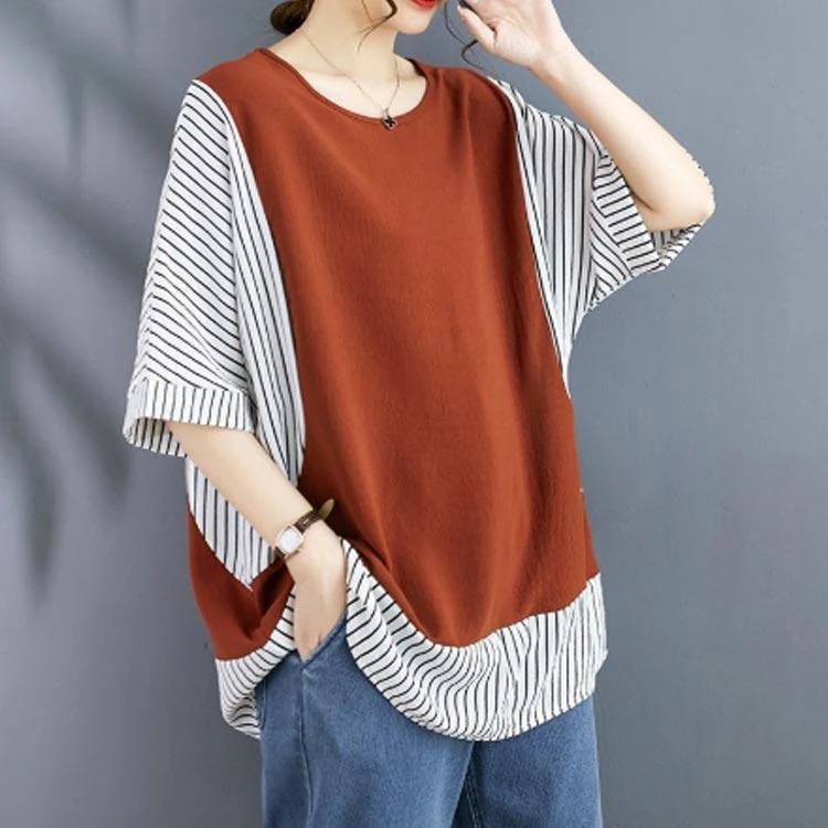 【超お得1つ買うと10個もらえる】ストライプ チュニック かわいい Tシャツ ドッキング風 クルーネック レディース トップス 夏 切り替え 半袖 ゆったりカットソー 配色 大きいサイ 【超お得1つ買うと10個もらえる】ストライプ チュニック かわいい Tシャツ ドッキング風 クルーネック レディース トップス 夏 切り替え 半袖 ゆったりカットソー 配色 大きいサイ