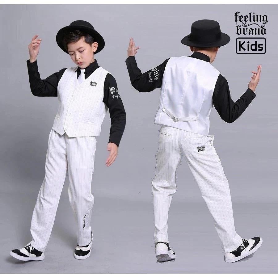 ロックダンス衣装 キッズダンス 子供 大人 スーツ ベスト スラックス 白 黒 赤 ベージュ グレー