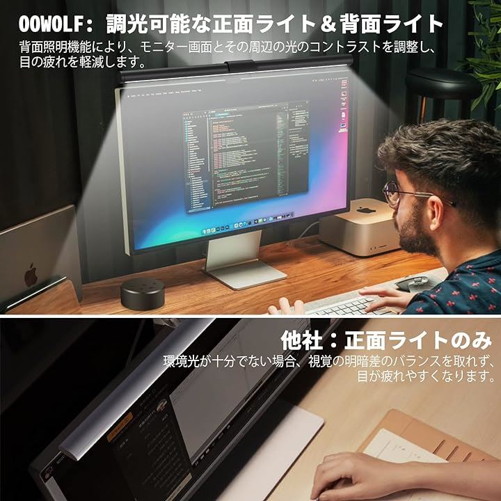 モニターライト バー 41cm 無線リモコン付き 無段階調光 背面ライト付き 目に優しい 記憶機能 タッチコントロール USB給電( ブラック, 41CM(無線リモコン付き))