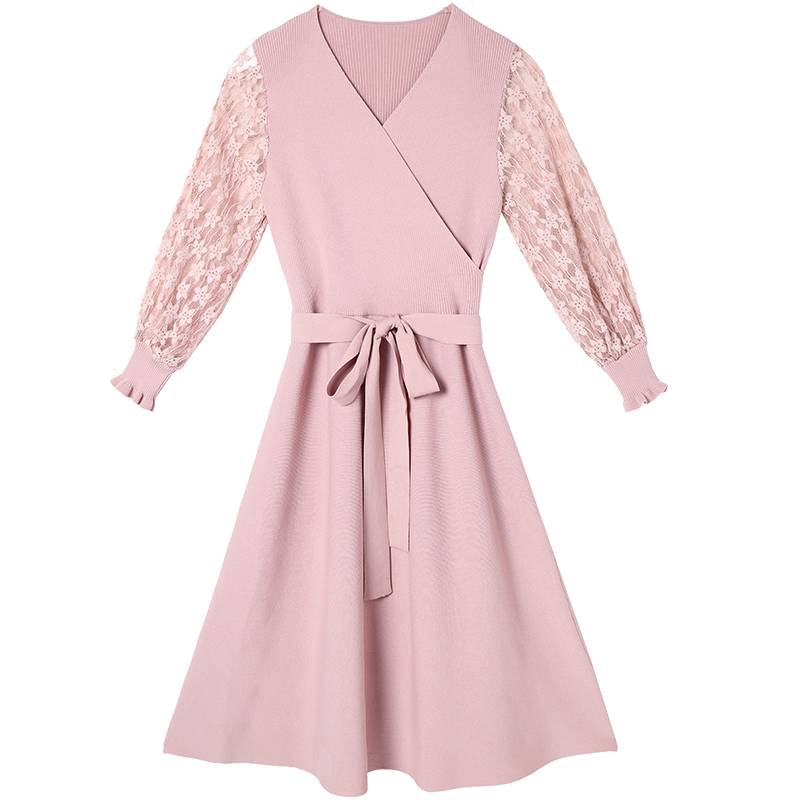 ワンピース リブ ニット 膝丈 七分袖 花柄 レース Vネック ウエスト