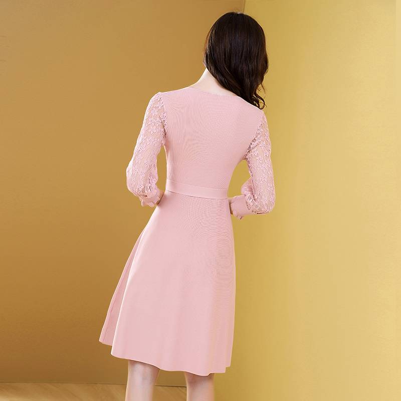 ワンピース リブ ニット 膝丈 七分袖 花柄 レース Vネック ウエスト