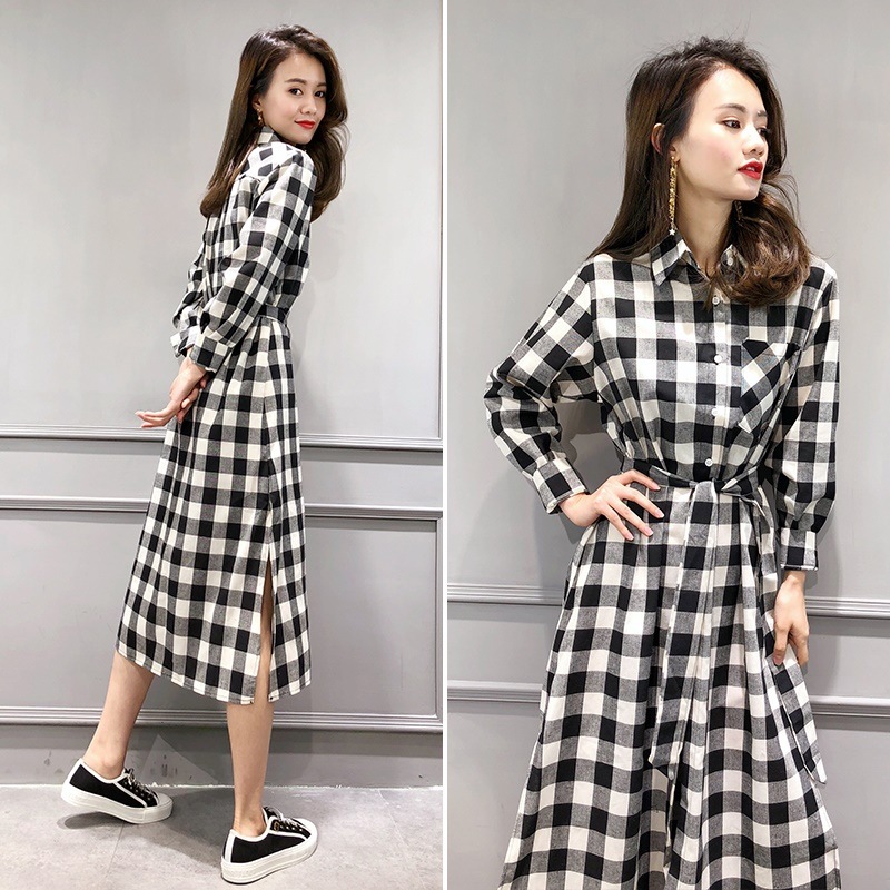 1016.ウエストリボンがかわいいチェック柄ワンピース（ブラック）