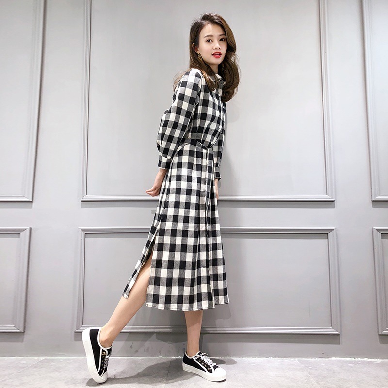 1016.ウエストリボンがかわいいチェック柄ワンピース（ブラック）