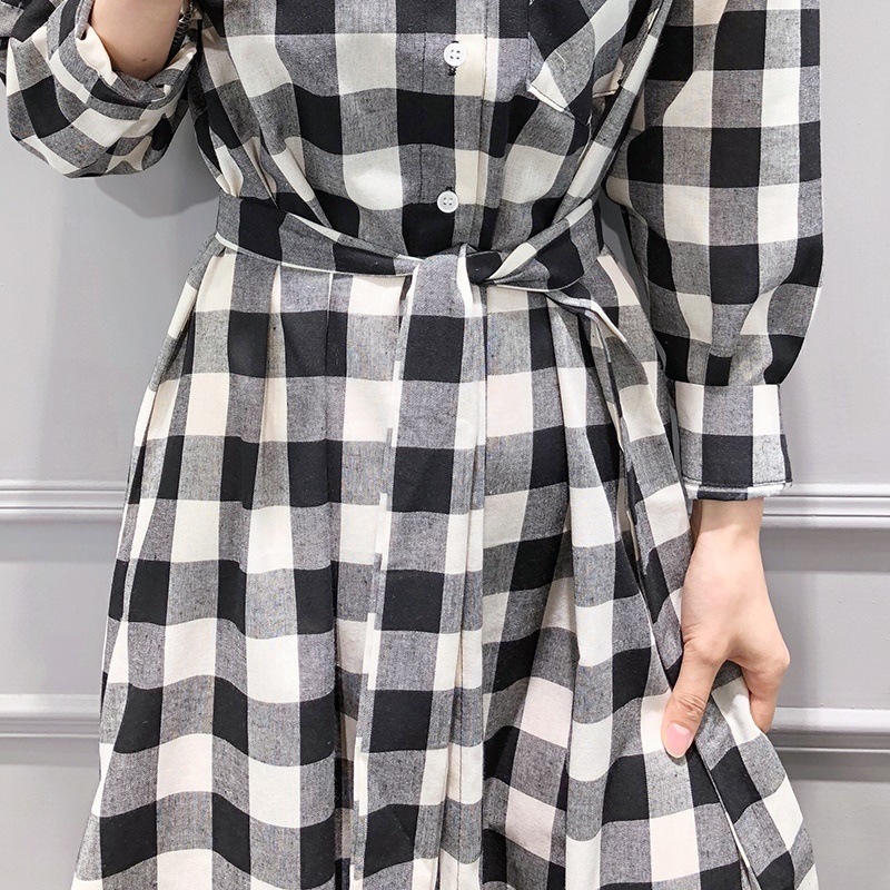 1016.ウエストリボンがかわいいチェック柄ワンピース（ブラック）