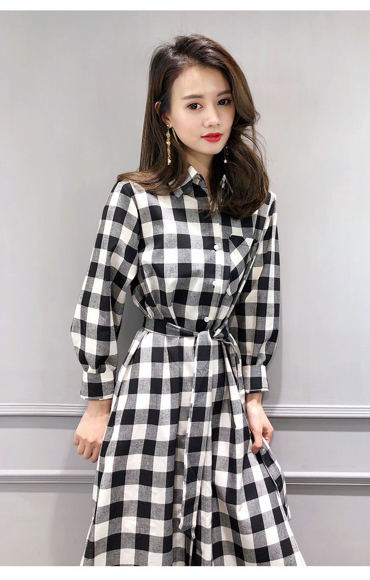 1016.ウエストリボンがかわいいチェック柄ワンピース（ブラック）