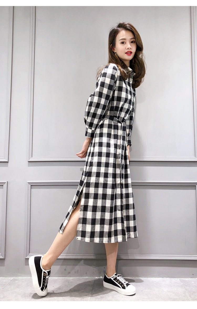 1016.ウエストリボンがかわいいチェック柄ワンピース（ブラック）
