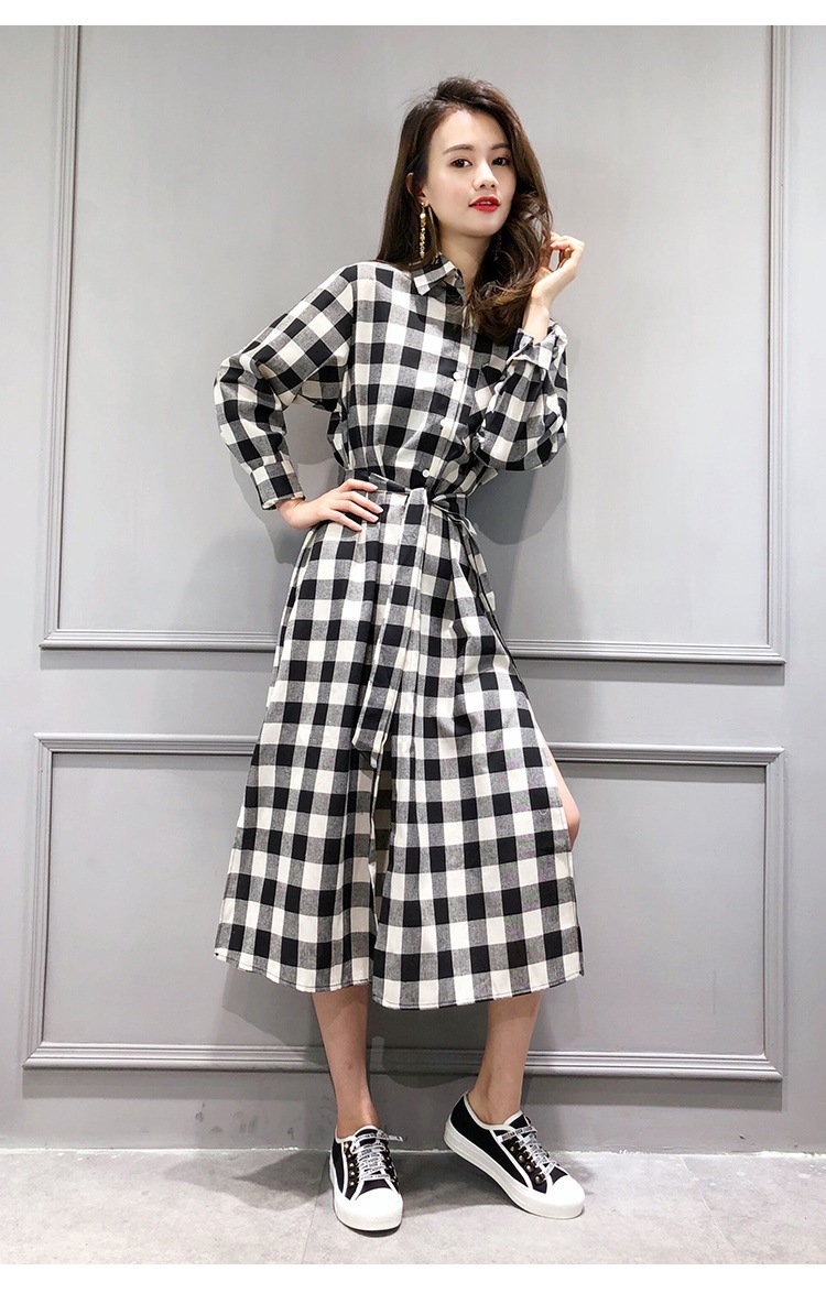 1016.ウエストリボンがかわいいチェック柄ワンピース（ブラック）